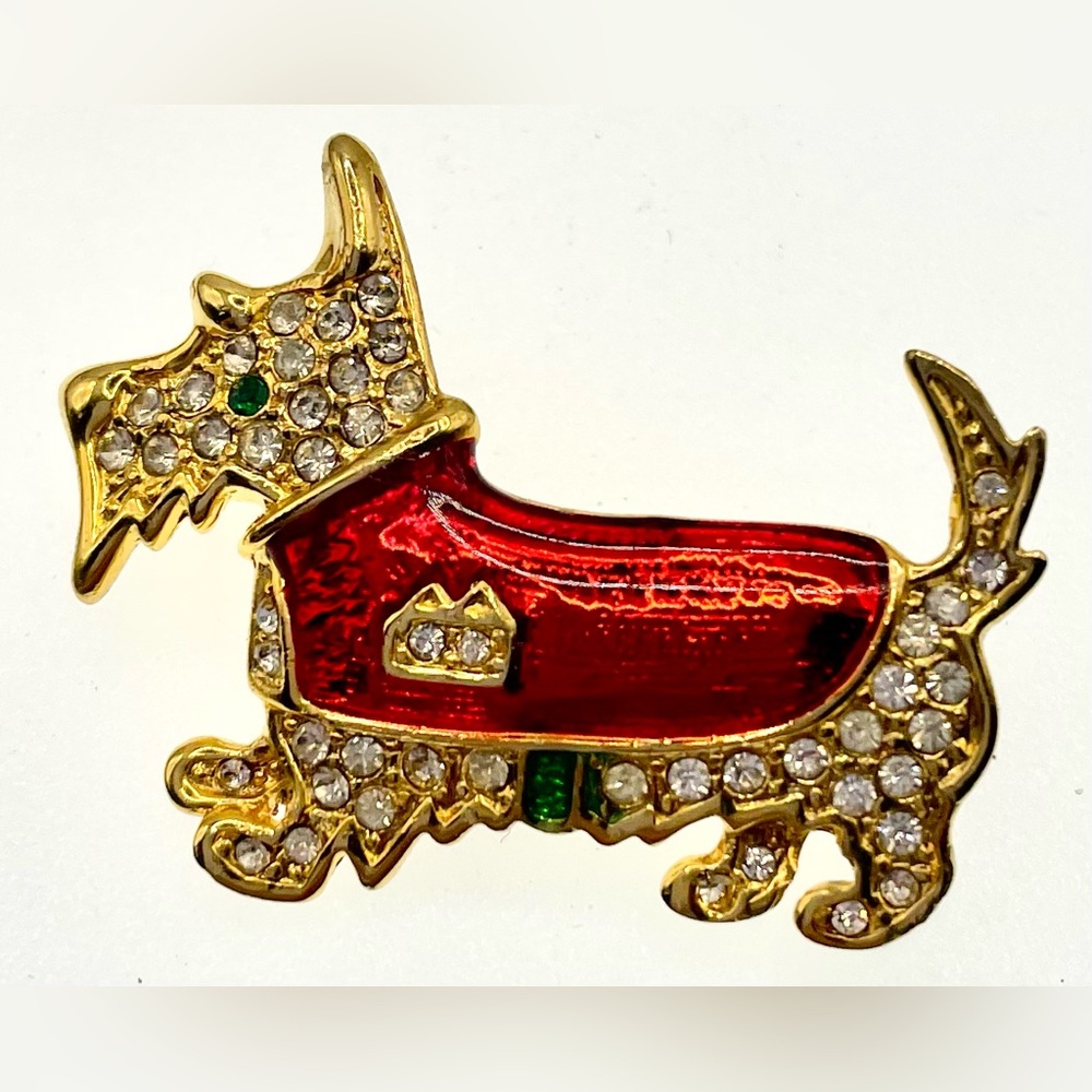 3 for $30 Scottie Dog Brooch Gold Tone Red Enamel Crystals Scatter Pin